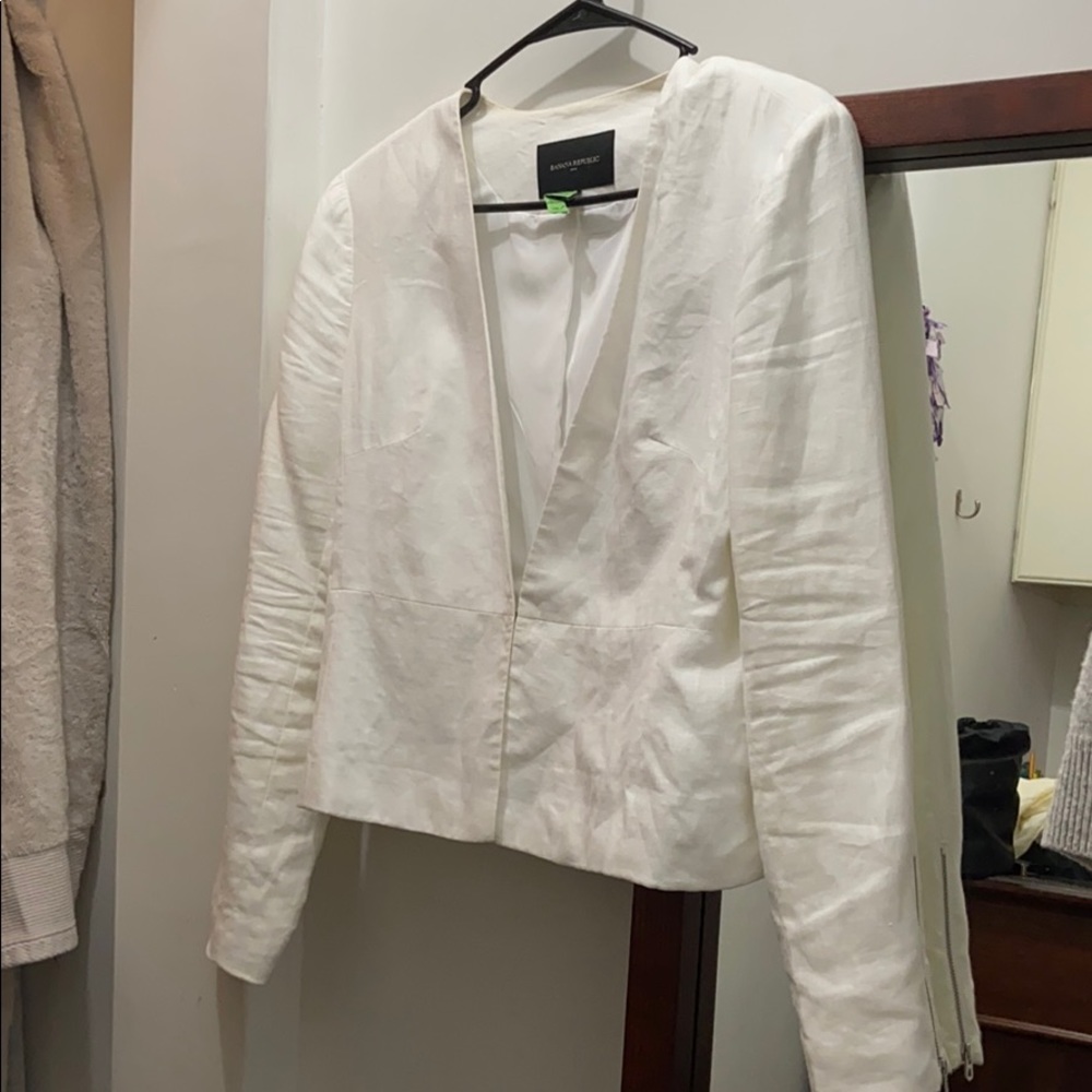 White linen blazer with zip sleeve detail